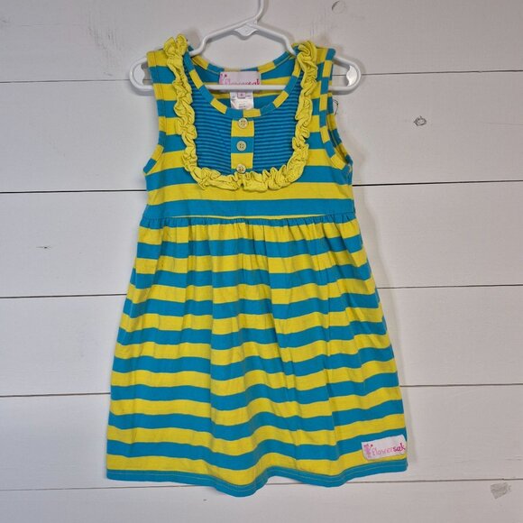 Girls Sleeveless Yellow & Blue Striped Tunic Dress With Ruffle By Flowersak Sz 6 - Picture 1 of 5
